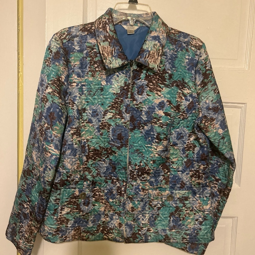 Christopher & Banks Women’s Sz L Green  Zip Abstract Print Lightweight Jacket